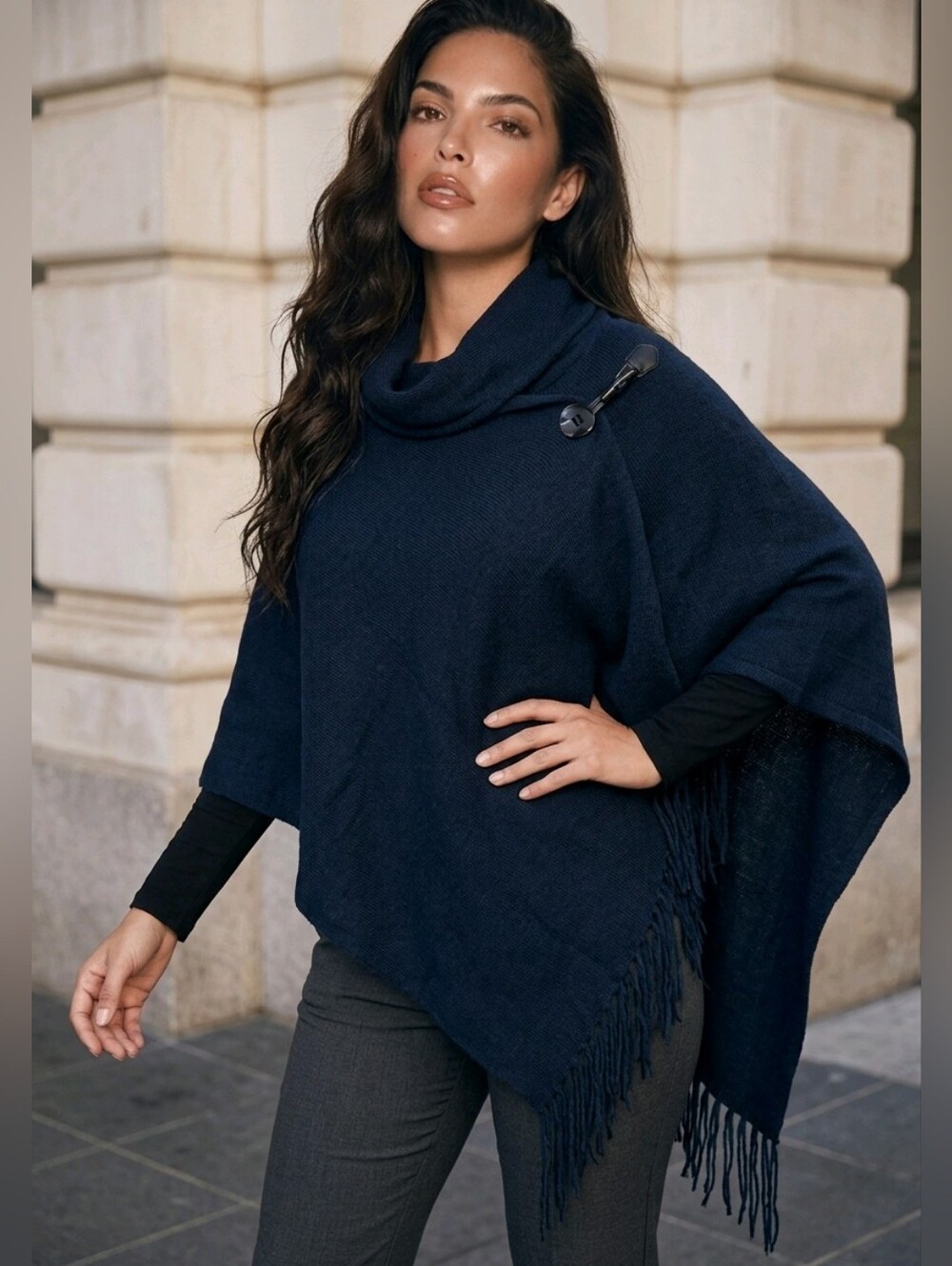 Brooks Brothers Women's Navy Blue Winter Cape Poncho Wrap Fringe Scarf Shawl OS